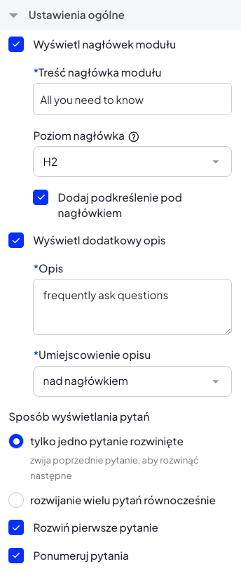 Ustawienia modułu "FAQ - pytania i odpowiedzi" w edytorze szablonu Shoper