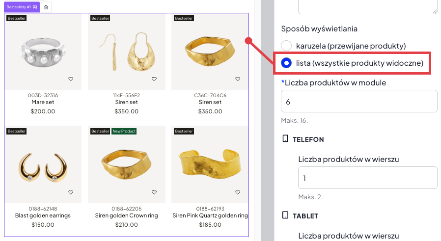Ustawienie pozwalające na wyświetlanie produktów w module w formie listy, czy też kafelków