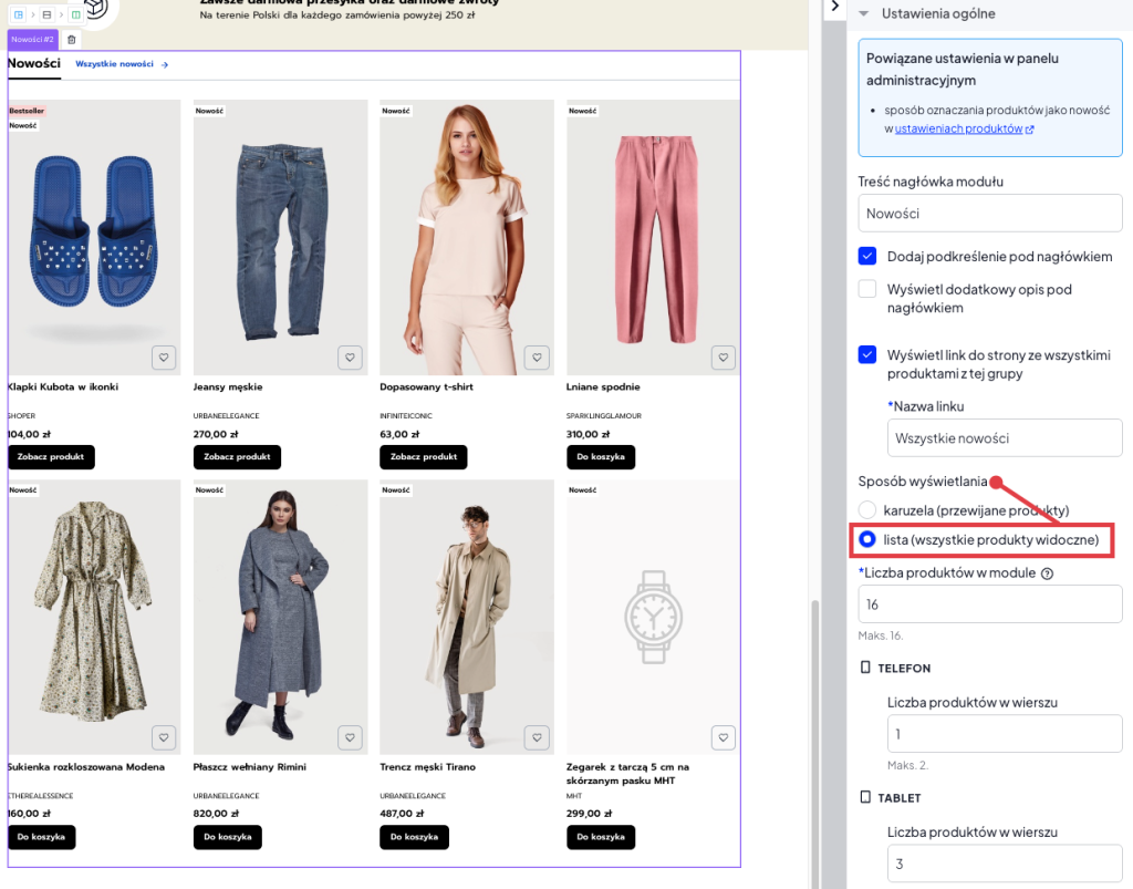 Funkcja pozwalająca wyświelić produkty w formie siatki zamiast poziomej przewijanej listy
