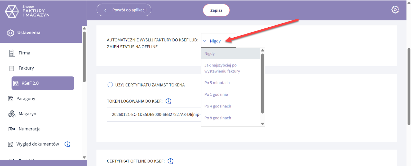 Opcja automatycznego przesyłania faktur do KSeF