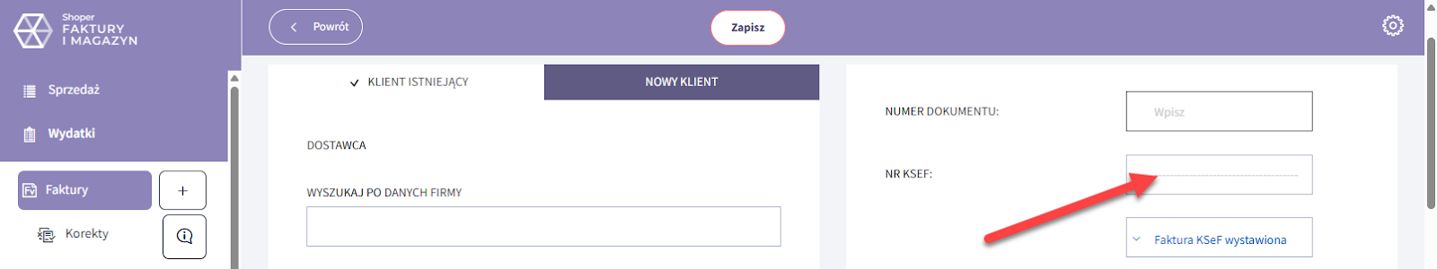 Miejsce do wprowadzenia numeru KSEF