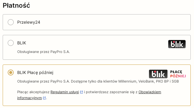 Forma płatności Blik Płacę później w koszyku sklepu Shoper Forma płatności Blik Płacę później w koszyku sklepu Shoper