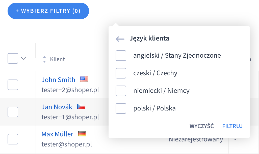 Flagi reprezentujące języki klientów, którymi posługiwali się podczas składania zamówienia Flagi reprezentujące języki klientów, którymi posługiwali się podczas składania zamówienia