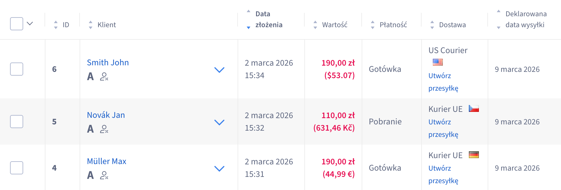 Flagi reprezentujące kraje dostaw, widoczne na liście zamówień w panelu sklepu Shoper