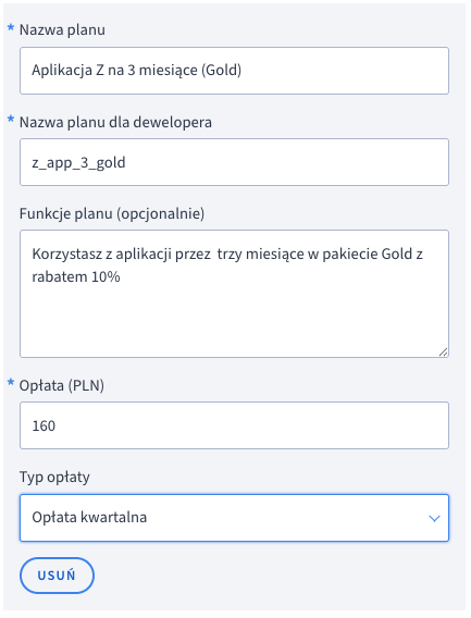 Wariant nowej aplikacji opłacanej co kwartał w pakiecie Gold