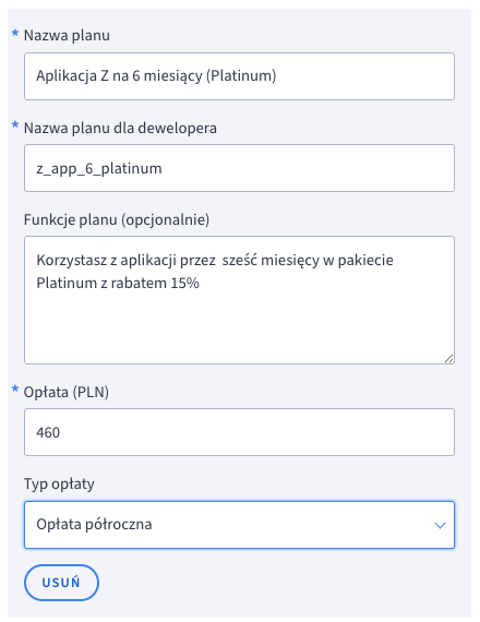 Wariant nowej aplikacji opłacanej co pół roku w pakiecie Platinum