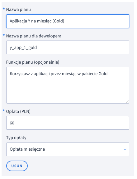 Wariant nowej aplikacji opłacanej co miesiąc w pakiecie Gold