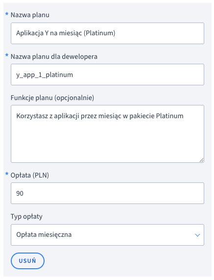 Wariant nowej aplikacji opłacanej co miesiąc w pakiecie Platinum