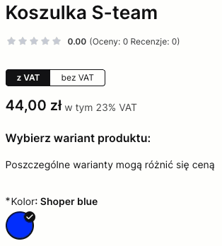 Ceny brutto i netto z widoczneą stawką VAT w karcie produktu