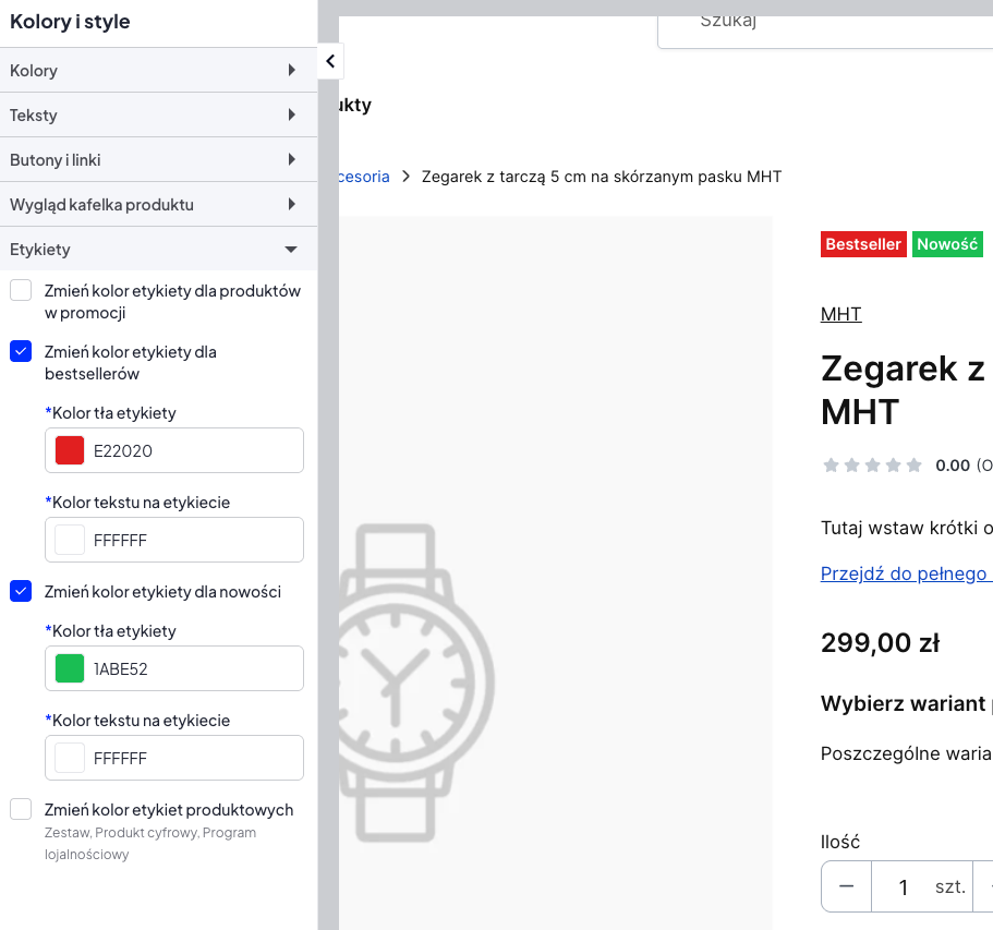 Zarządzenie kolorami etykiet produktowych w edytorze szablonu Shoper