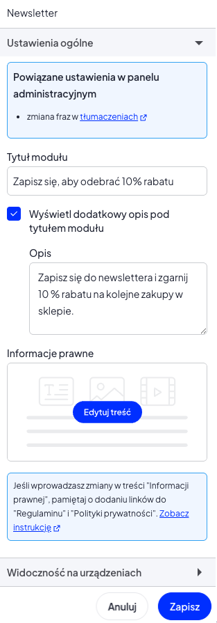 Ustawienia modułu: Newsletter w edytorze szablonu