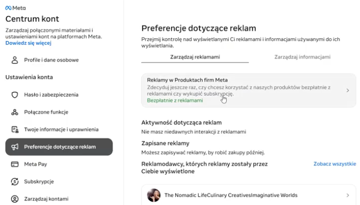 Przejdź do ustawień reklam w Produktach firm Meta Przejdź do ustawień reklam w Produktach firm Meta