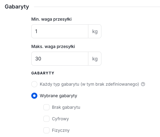 Powiązywanie gabarytu z edytowaną metodą dostawy Przypisz gabaryty do formy dostawy