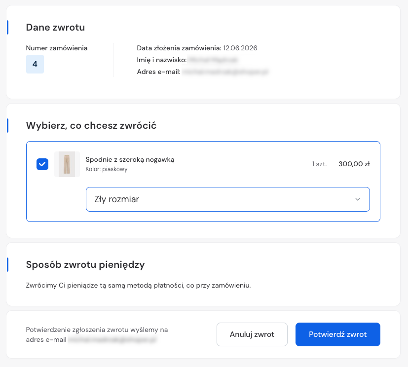 Wybór produktów i powodów do zwrotu Wybór produktów i powodów do zwrotu