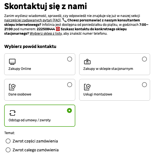 Formularz odstąpienia od umowy na stronie kontaktowej leroymerlin,.pl Możliwość zwrotu na stronie kontaktowej