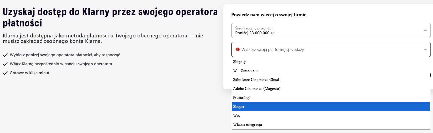Wybierz operatora płatności Klarna
