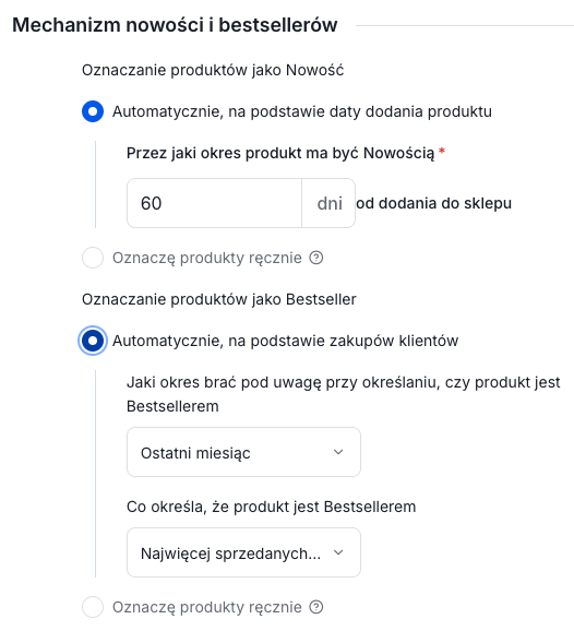 Ustawienia mechanizmu nowych produktów i bestsellerów Ustawienia mechanizmu nowych produktów i bestsellerów