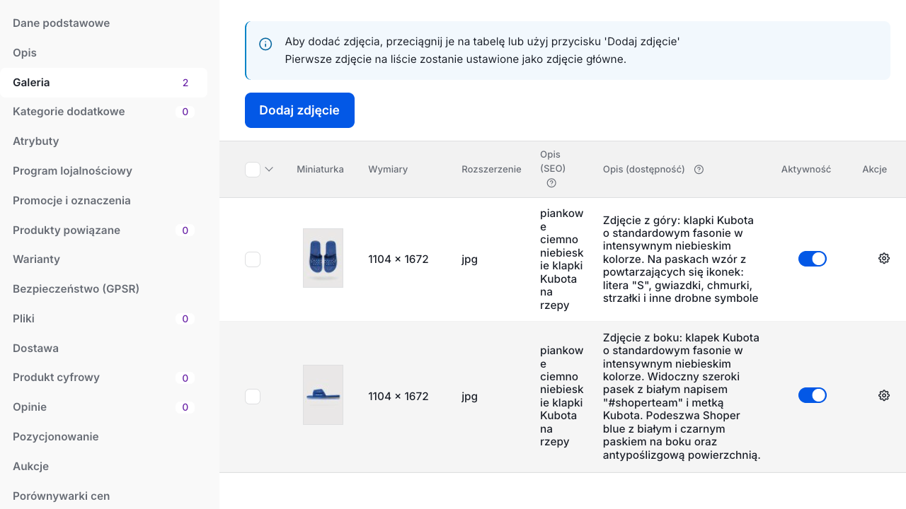 Zdjęcia produktu w trybie edycji produktu Galeria zdjęć produktowych w edycji produktu