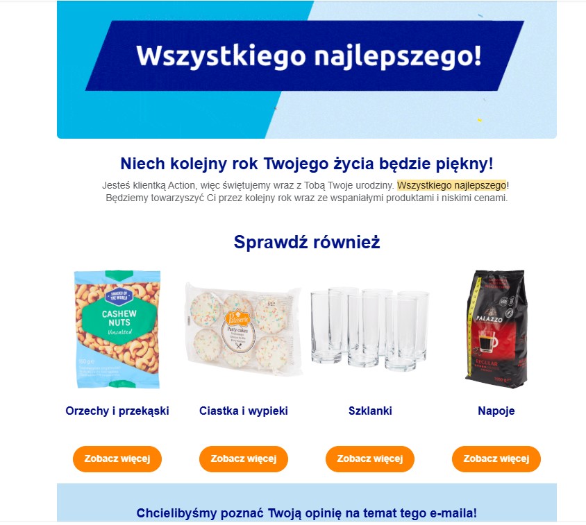 Przykład automatycznej wiadomości urodzinowej od Action wysyłanej do klienta