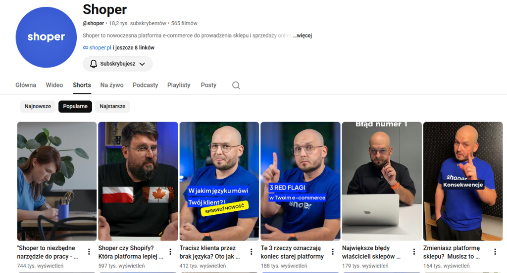 Zrzut ekranu przedstawia oficjalny profil marki Shoper na platformie YouTube (18,2 tys. subskrybentów, 565 filmów) ze szczegółowym widokiem sekcji Shorts posortowanej według kryterium "Popularne".