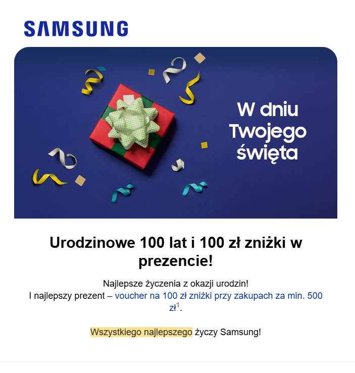 Urodzinowa wiadomość Samsung z voucherem 100 zł zniżki przy zakupach od 500 zł